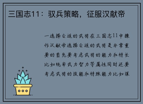 三国志11：驭兵策略，征服汉献帝