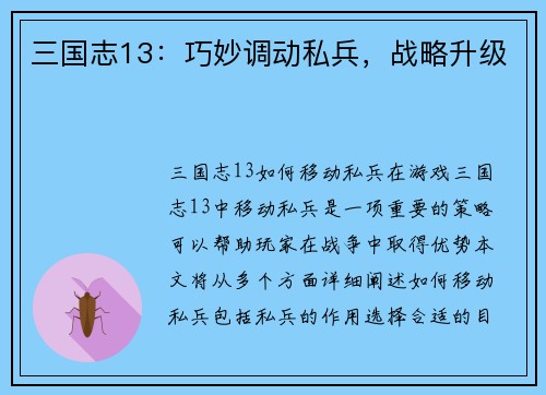 三国志13：巧妙调动私兵，战略升级