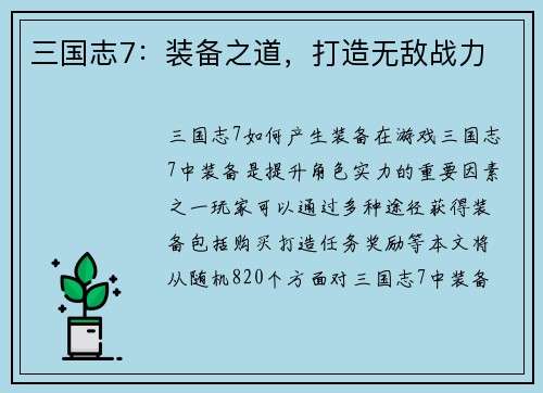 三国志7：装备之道，打造无敌战力