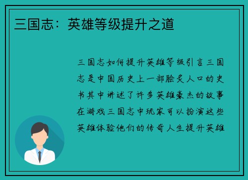 三国志：英雄等级提升之道